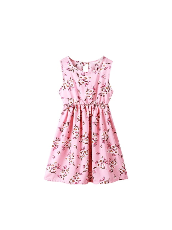 Girl's Sundress Casual Crew Neck Summer Sleeveless Floral Print Dress, Pink, Size 6 to 7 Years