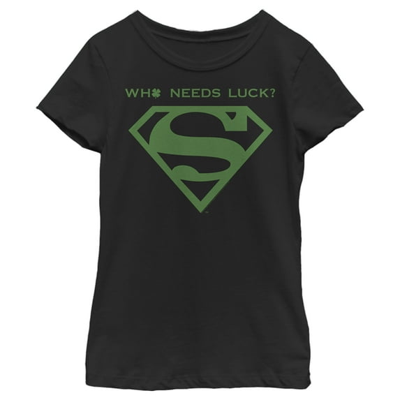 Girl's Superman St. Patrick's Day Who Needs Luck? Graphic Tee Black Large