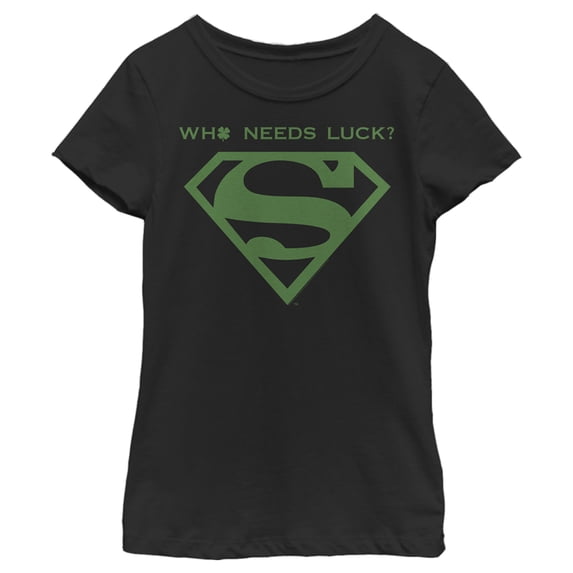 Girl's Superman St. Patrick's Day Who Needs Luck? Graphic Tee Black Medium