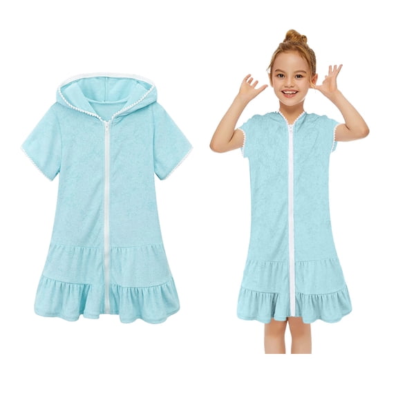 Girl's Swim Cover Up Short Sleeve Ruffle Girls Bathing Suit Cover Up Quick Dry Towel Robe Kids 3-4 Years