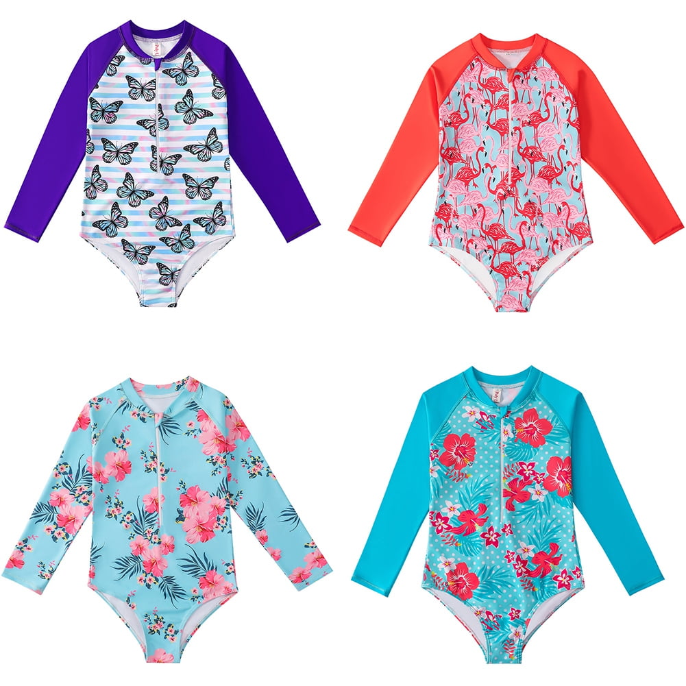 Girl's Swimsuit,Long Sleeve Printed One Piece Swimsuit Zip Rash Guard
