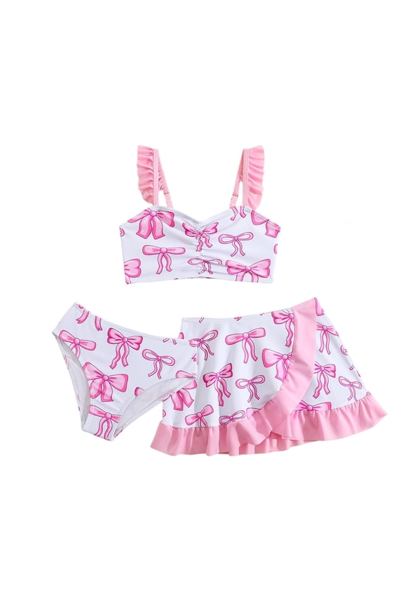 Girl's Swimsuits 2 Pcs Cute Bow Print Tankini Top with Ruffle Shorts Skirt Summer Kids Beachwear
