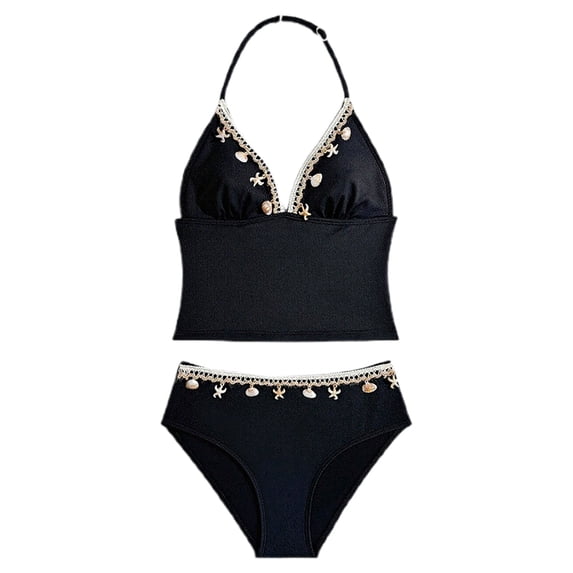 Girl's Swimsuits 2 Piece Halter Triangle Bathing Suits Seashell Boho Bikini Set Swimwear