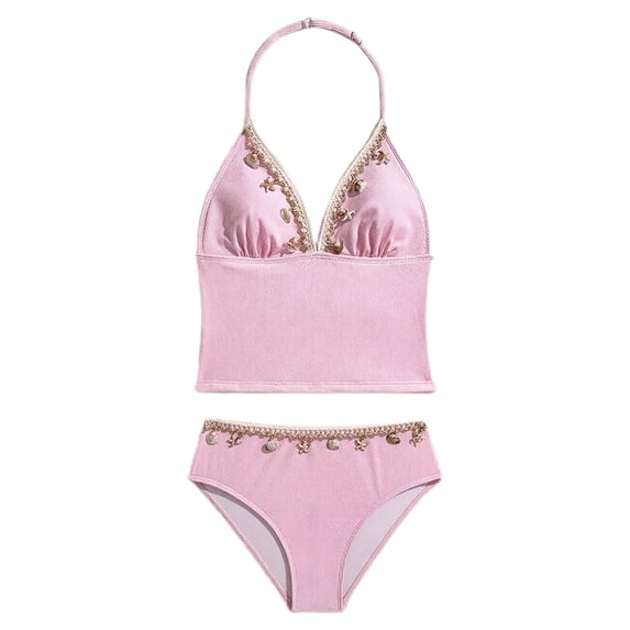 Girl's Swimsuits 2 Piece Halter Triangle Bathing Suits Seashell Boho Bikini Set Swimwear