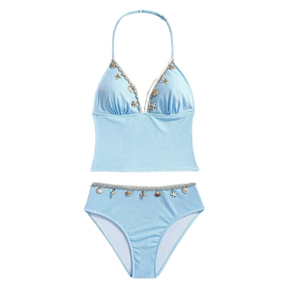Girl's Swimsuits 2 Piece Halter Triangle Bathing Suits Seashell Boho Bikini Set Swimwear