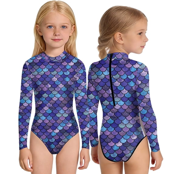 Girl's Swimsuits Long Sleeve Front Cashion Round Neck Young Beachgoers Bathing Suit