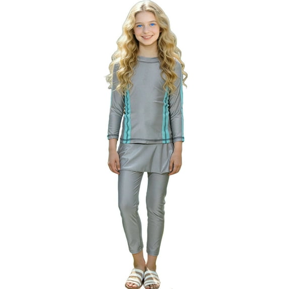 Girl's Swimwear Fashion Color Block Tummy Control Bathing Suit Summer Vacation Beach 3 Piece Swimsuits with Skirt Pants Size 2-13