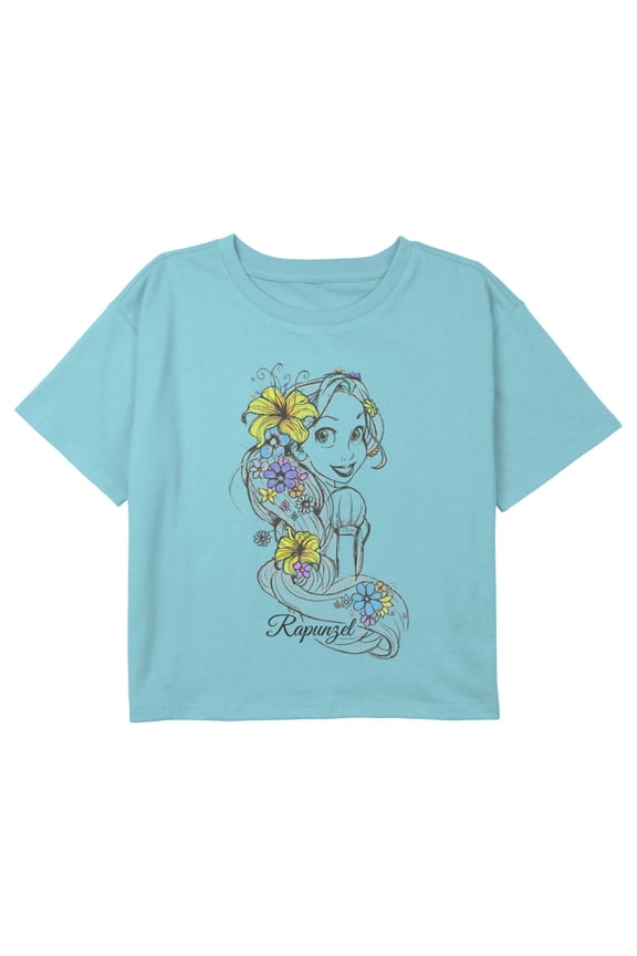 Girl's Tangled Flower Sketch Portrait Graphic Cropped T-Shirt Blue Large
