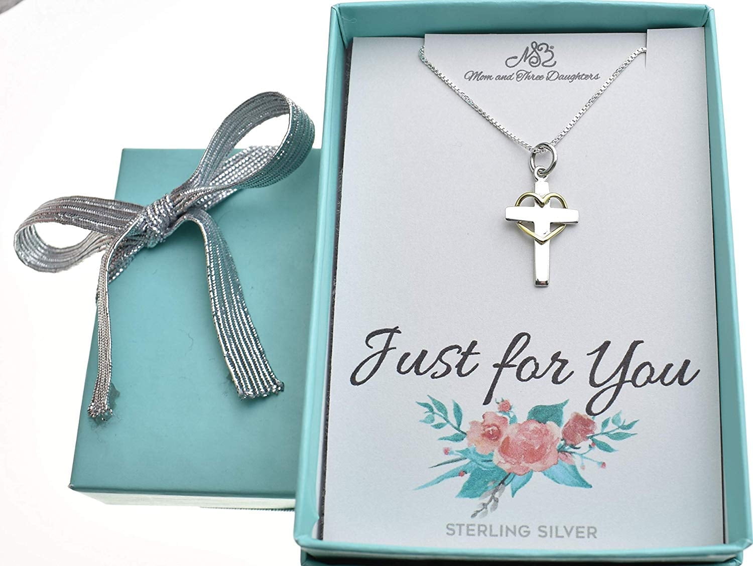 Mom and Three Daughters Woman Sterling Silver Cross and Heart Pendant Necklace 18 Inch Chain main image 0