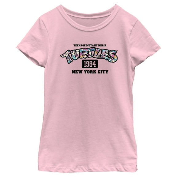 Girl's Teenage Mutant Ninja Turtles 1984 New York City Floral Logo Graphic Tee Light Pink Medium