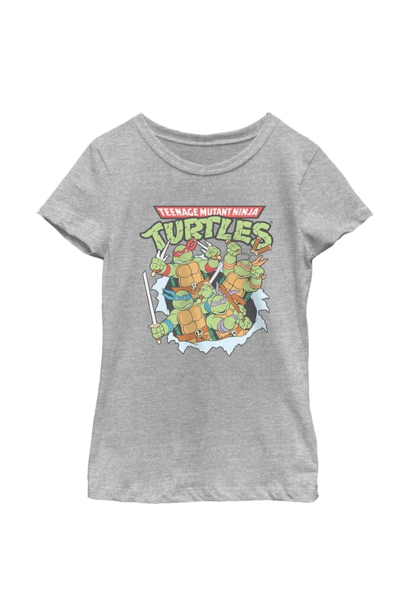 Girl's Teenage Mutant Ninja Turtles Distressed Team in Action Graphic Tee Athletic Heather Small