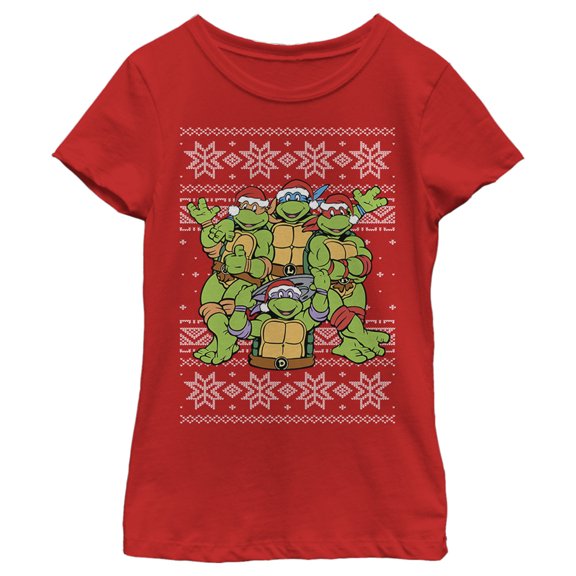 Girl's Teenage Mutant Ninja Turtles Ugly Christmas Sweater  Graphic Tee Red Large