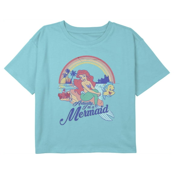 Girl's The Little Mermaid Ariel Actually I'm a Mermaid Graphic Cropped T-Shirt Blue Large