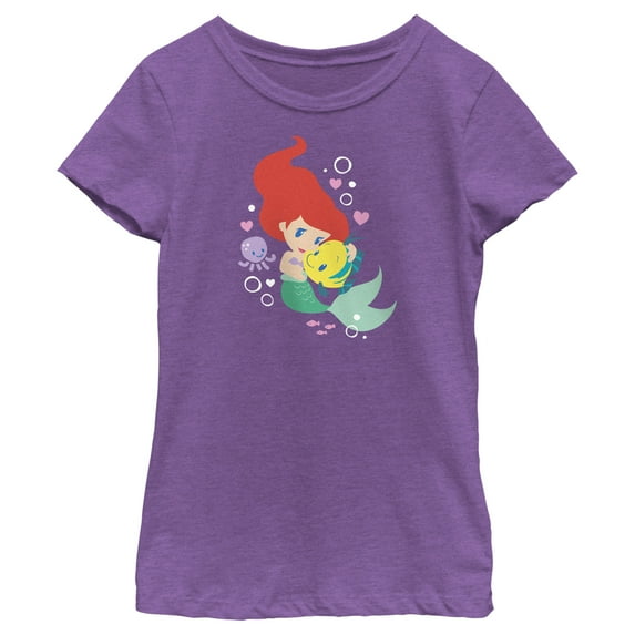 Girl's The Little Mermaid Ariel Flounder Hug Graphic Tee Purple Berry X Large