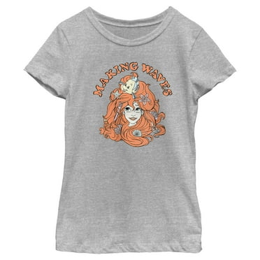 Girl's The Little Mermaid Ariel and Flounder Making Waves  Graphic Tee Athletic Heather Medium