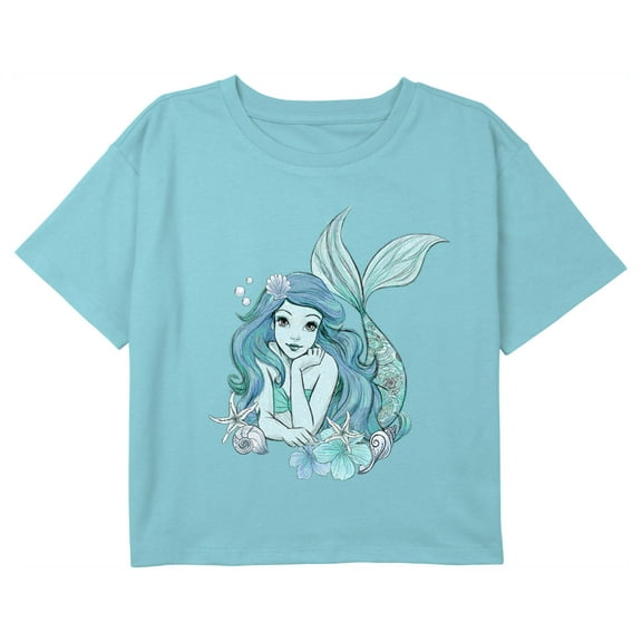 Girl's The Little Mermaid Blue Ariel Portrait Graphic Cropped T-Shirt Blue Small