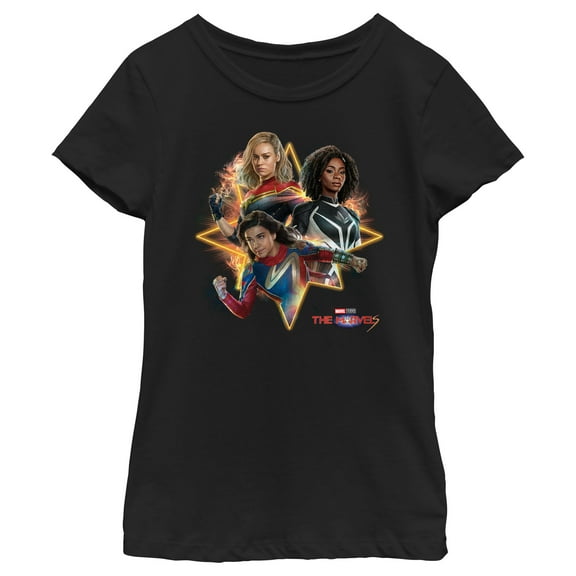 Girl's The Marvels Action Poses  Graphic Tee Black Medium