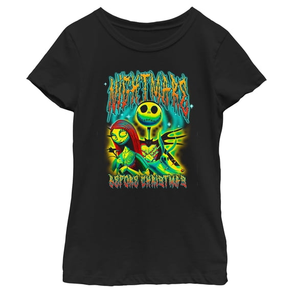 Girl's The Nightmare Before Christmas Colorful Metal Poster Graphic Tee Black Small