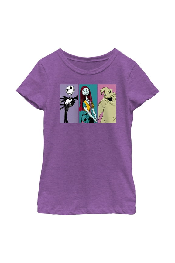 Girl's The Nightmare Before Christmas Jack, Sally, Oogie Panels Graphic Tee Purple Berry X Large