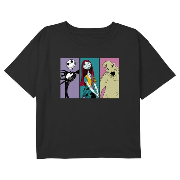 Girl's The Nightmare Before Christmas Jack, Sally, Oogie Portraits Graphic Cropped T-Shirt Black Medium