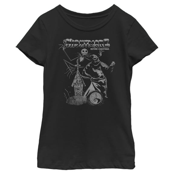 Girl's The Nightmare Before Christmas Jack and Oogie Boogie Distressed Graphic Tee Black Medium