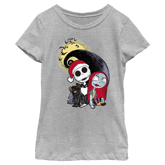 Girl's The Nightmare Before Christmas Jack and Sally Christmas Portrait Graphic Tee Athletic Heather Large
