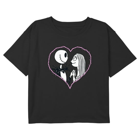 Girl's The Nightmare Before Christmas Jack and Sally Couple Heart Stitch Graphic Cropped T-Shirt Black Large