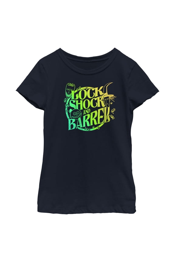 Girl's The Nightmare Before Christmas Lock, Shock, and Barrel Neon Circle Graphic Tee Navy Blue Medium