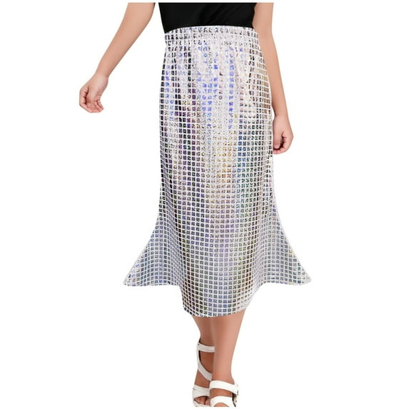 Girl's and Toddler Ruffle Skirts New Block Sequin Checkered Girls' Dance Dress Half Skirt Long Skirt Girls' Fan-Shaped Skirt Silvery 9 Years