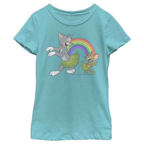 Girl's Tom and Jerry Cartoon Hula Dance Graphic Tee Tahiti Blue Large