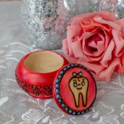 Girls Tooth Red Round 2 x 2 Inch Wood Carved Decorative Box