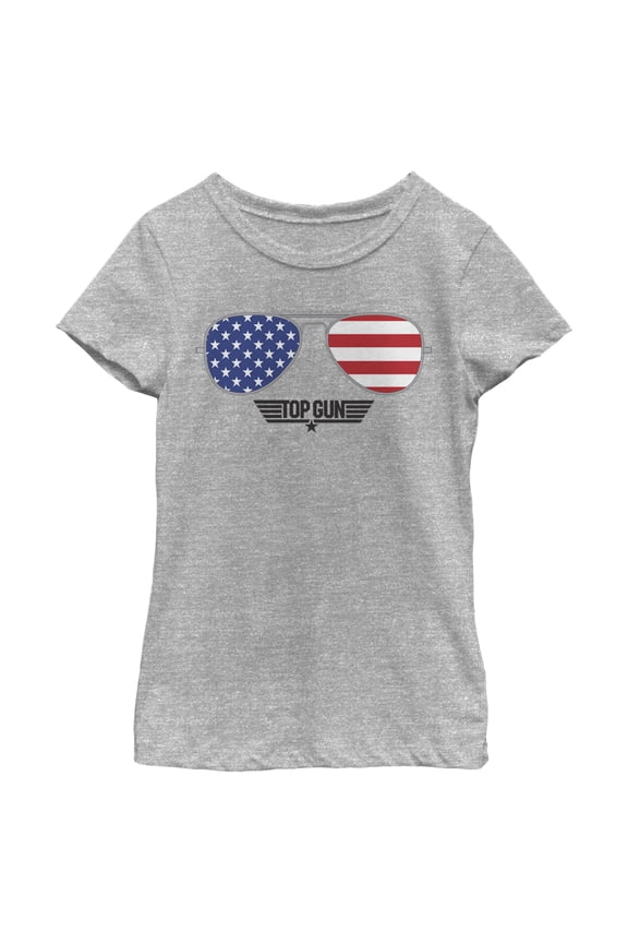 Girl's Top Gun American Flag Aviator Sunglasses Logo  Graphic T-Shirt