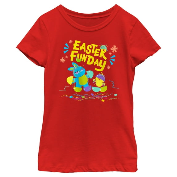 Girl's Toy Story 4 Ducky and Bunny Easter Funday Graphic Tee Red Small
