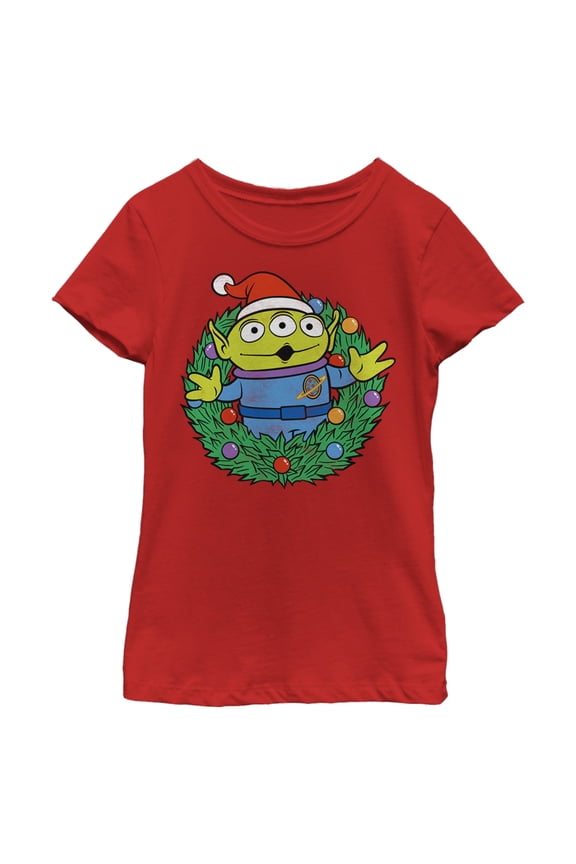 Girl's Toy Story Christmas Alien Wreath Graphic Tee Red Large