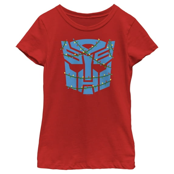 Girl's Transformers Christmas Lights Autobots Logo Graphic Tee Red Medium