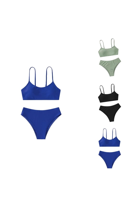 Girl's Two Piece High Waisted Bikini Set with O-Ring Detail, Spaghetti Strap Sport Swimsuit for Kids