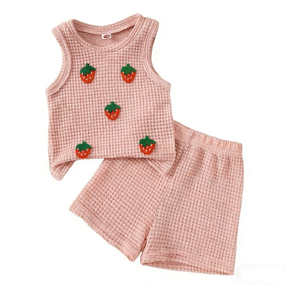 Girl's Two Piece Knit Outfit Strawberry Crew Neck Sleeveless Tank Tops and Shorts Set Apricot
