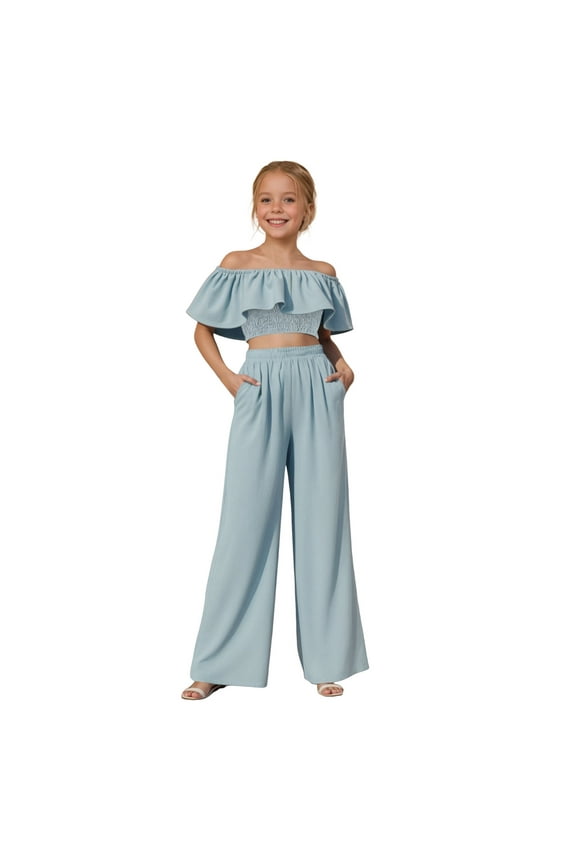 Girl's Two Piece Outfit Ruffle Off Shoulder Tee Shirts Elastic Waist Pants Set Girls 2 Piece Outfits Kids Fashion Short Sleeve T Shirts Wide Leg Pants Clothing Sets 5-14 Years