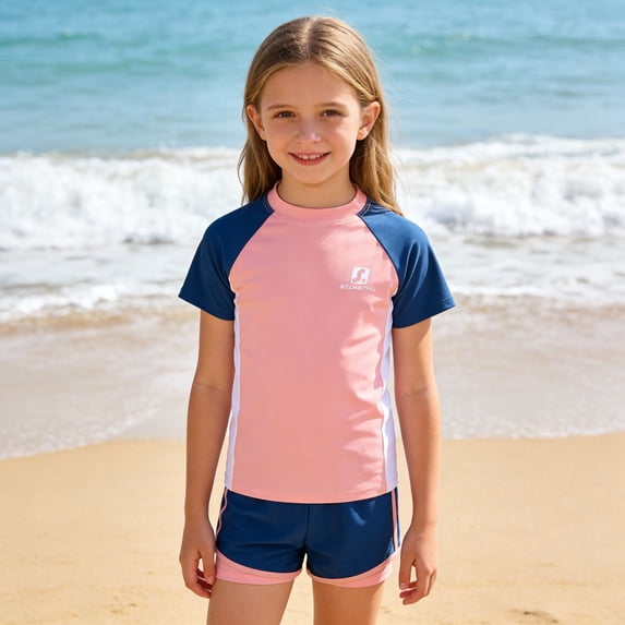 Girl's Two-Piece Short Sleeve Swimsuits UPF50+ Rash Guard Kids Boys Girls Quick Dry Bathing Suit