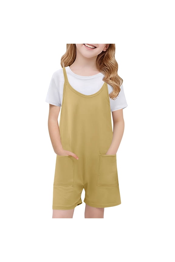 Girl's V Neck Sleeveless Romper Summer Casual Loose Spaghetti Strap Short Overalls Jumpersuit with Pockets