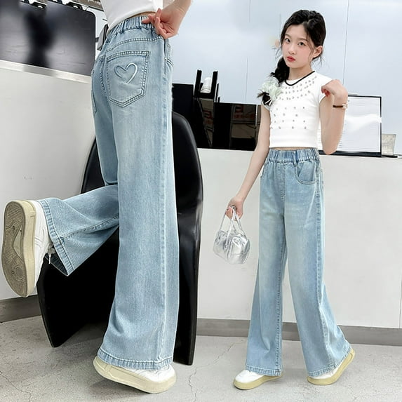 Girl's Elastic High Waisted Jeans Straight Wide Leg Denim Pants Casual Everyday Wear For Girls 4 15