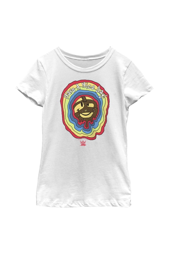 Girl's WWE Mankind Have a Nice Day Rainbow Logo Graphic Tee White Large