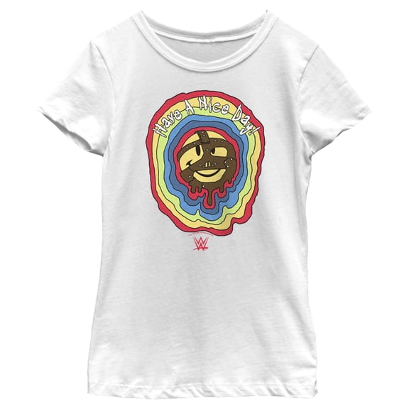 Girl's WWE Mankind Have a Nice Day Rainbow Logo Graphic Tee White X Small