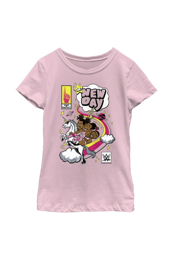 Girl's WWE New Day Unicorn Comic Graphic Tee Light Pink X Small