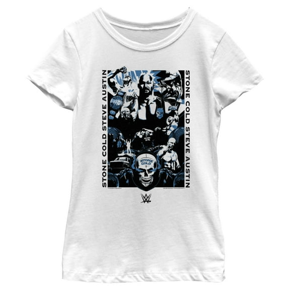 Girl's WWE Stone Cold Steve Austin Blue Poster Graphic Tee White Large