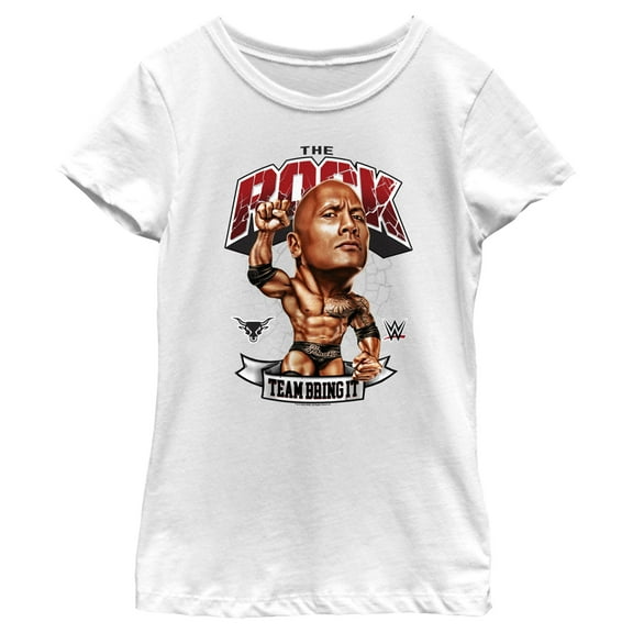 Girl's WWE The Rock Team Bring It Bobble Head  Graphic Tee White Medium