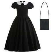 Girl's Wednesday Addams Dress Short Sleeve Peter Pan Collar Party Costume With Bag