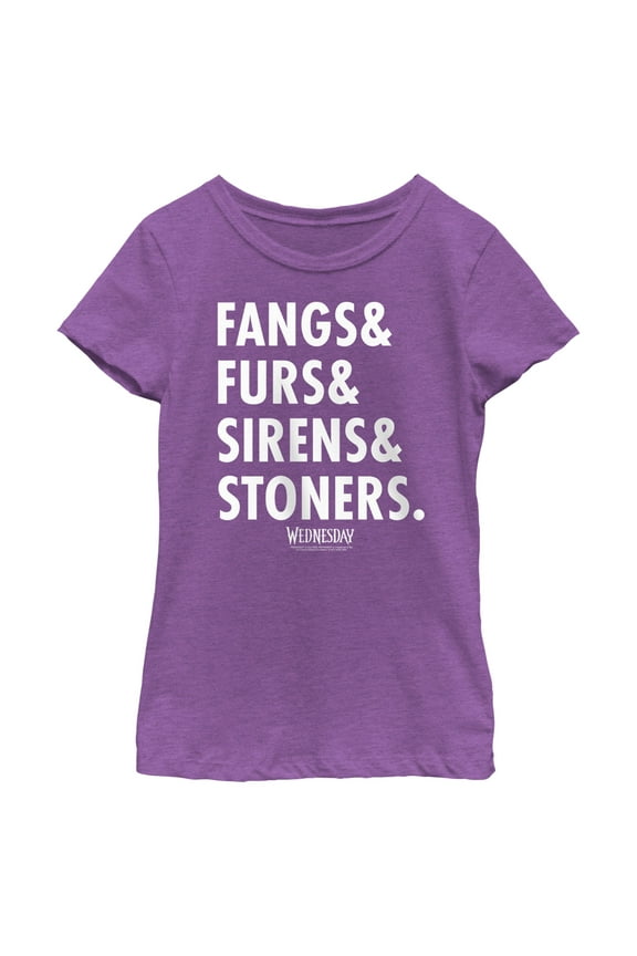 Girl's Wednesday Fangs & Furs & Sirens & Stoners Graphic Tee Purple Berry Large