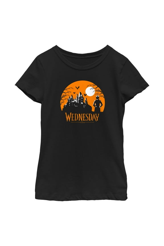 Girl's Wednesday Halloween Haunted House  Graphic Tee Black Medium