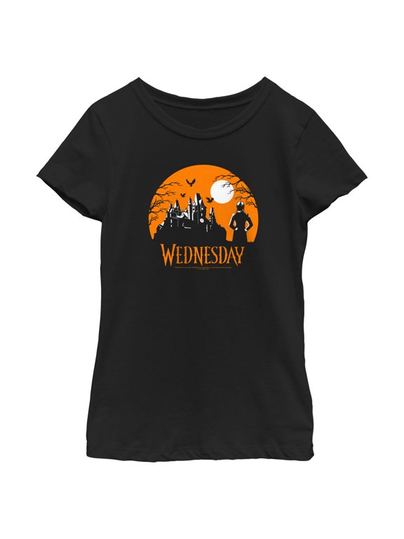 Girl's Wednesday Halloween Haunted House Graphic Tee Black Medium